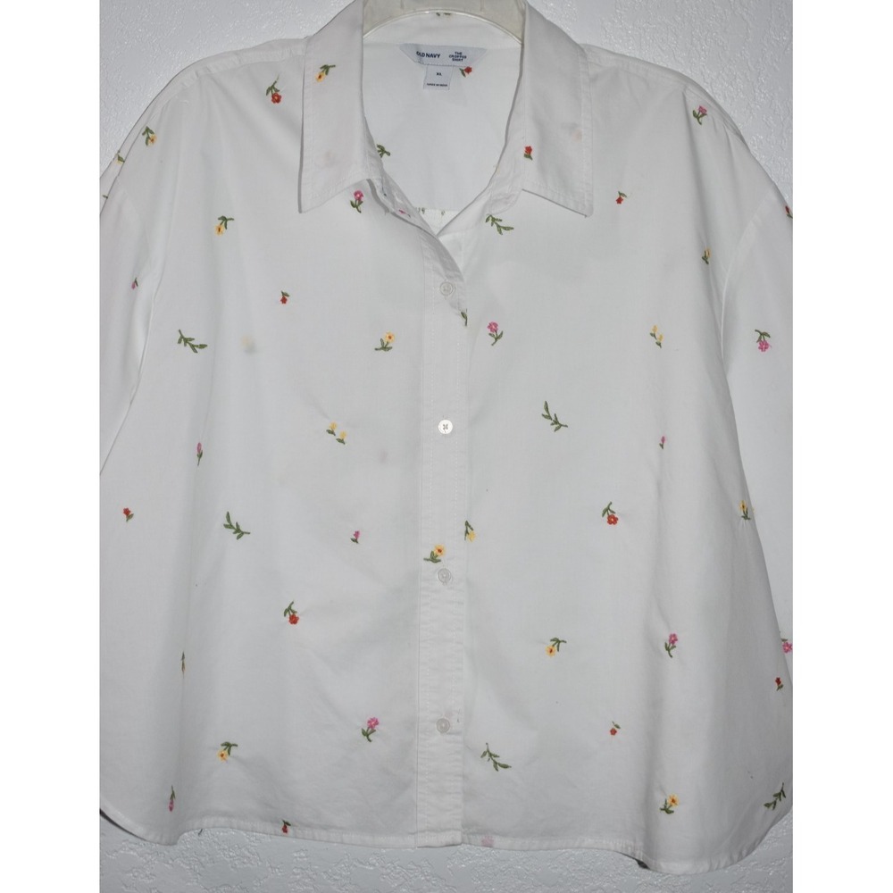 Old Navy Womens XL White Floral Embroidered Button Top Boho Cottage Peasant